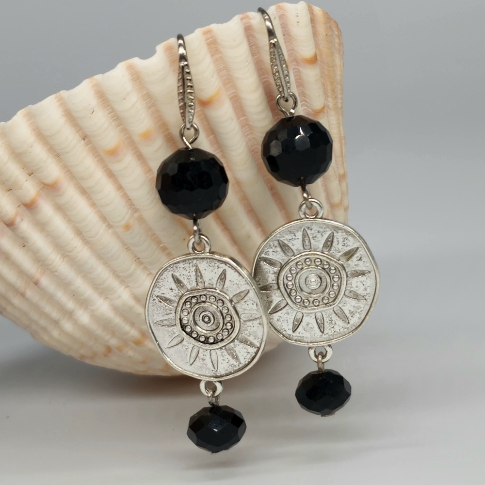 ❤️ Tribal Jewelry Inca Sun Black Crystals Silver Earrings Ethnic Boho